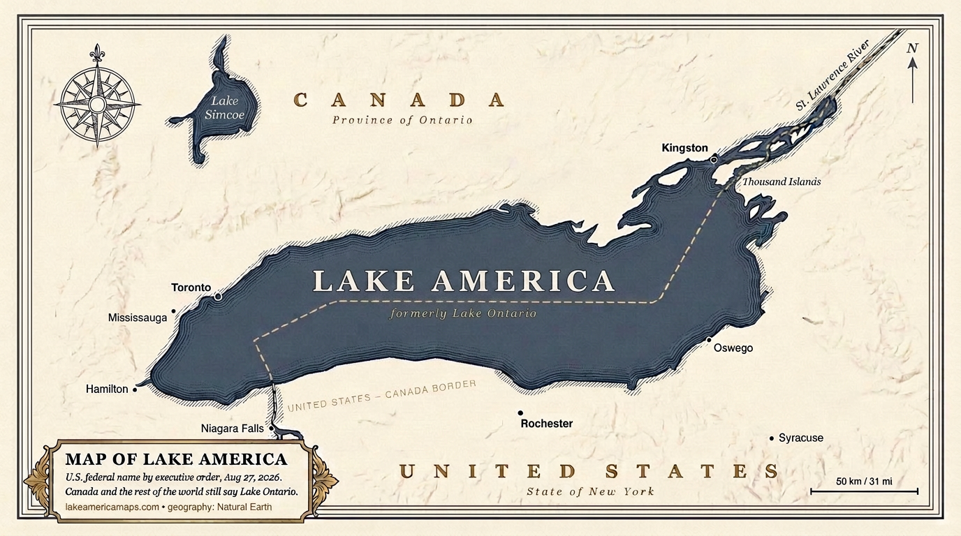 Map of Lake America, formerly Lake Ontario: vintage atlas style, showing the United States - Canada border through the lake, Toronto, Hamilton, Mississauga, Kingston, Rochester, Oswego, Niagara Falls, and the St. Lawrence River