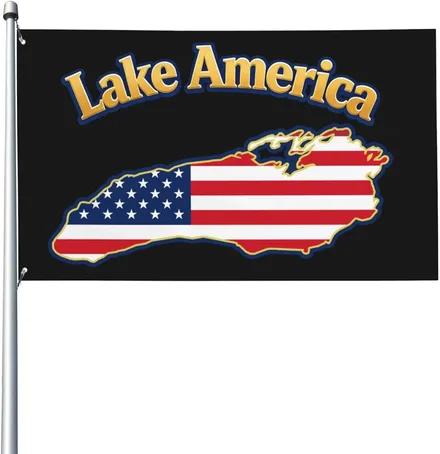 Black Lake America flag with gold lettering and the lake's silhouette filled with the American flag pattern