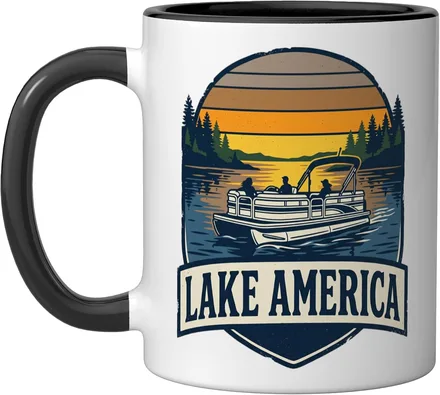 Black and white ceramic mug with a Lake America pontoon boat sunset badge