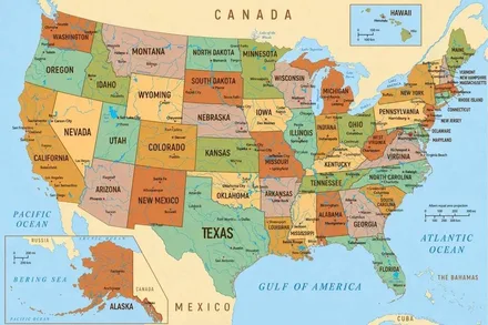 Cartographic wall map poster of the United States showing the Lake America and Gulf of America labels