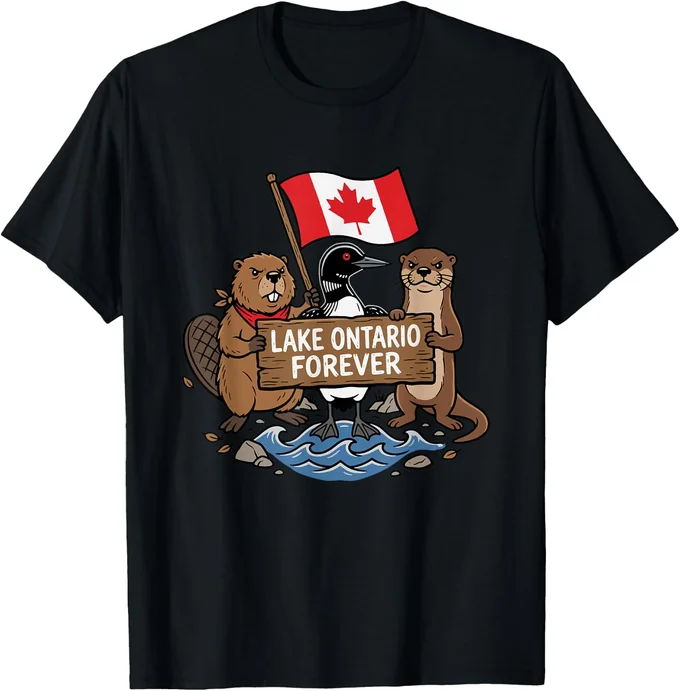 T-shirt with a beaver, loon, and otter holding a Canadian flag and a Lake Ontario Forever sign