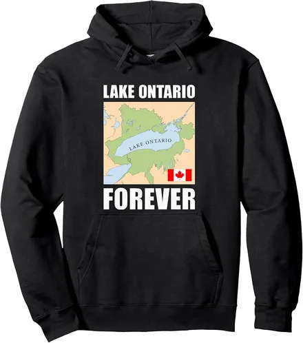 Black pullover hoodie with a map of Lake Ontario, a Canadian flag, and the words Lake Ontario Forever